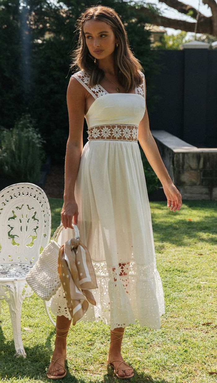 Long  Lace Stitching Big Swing Bohemian White Beach Dress - Bohemian White Beach Dress - Uniqistic.com