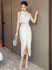 Dinner dress high end elegant white French neck dress