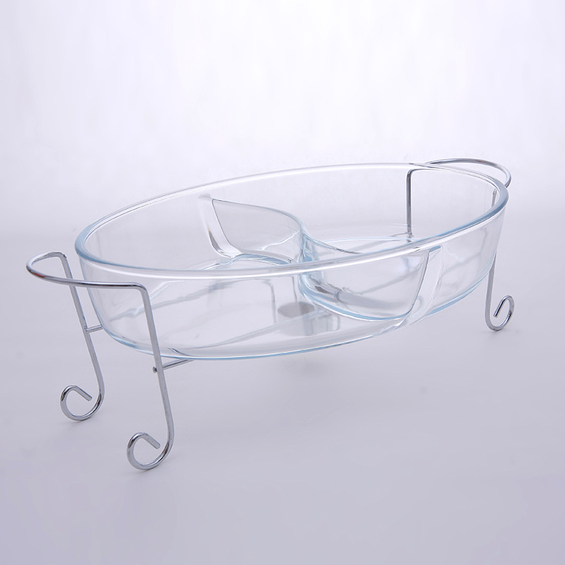 3.2L椭圆隔断家用玻璃烤盘带铁架创意家用酒店焗饭分隔盘大烘焙盘