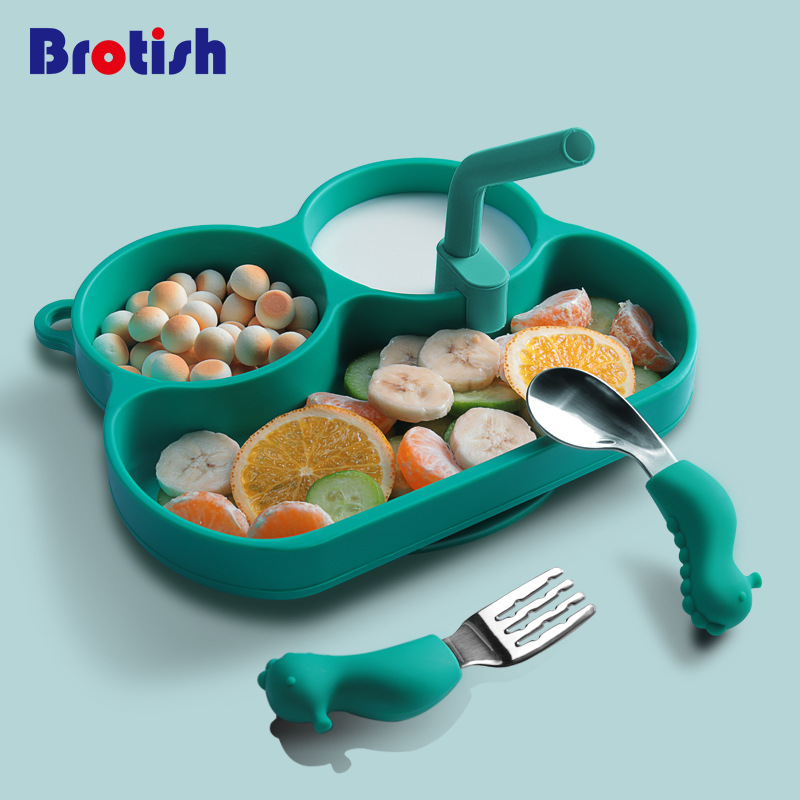 Baby Silicone Split Dinner Plate Baby Children Suction Cup Suction Bowl Short Handle Learning to Eat and Training Fork Spoon Tableware Set
