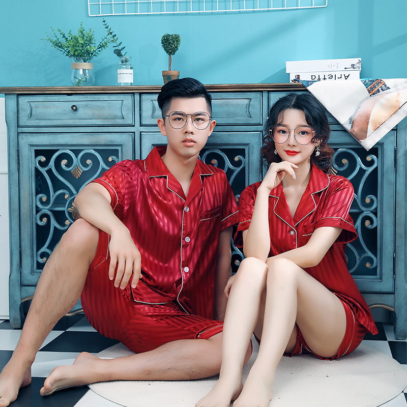 韓版夏季窄條紋情侶短袖短褲家居服 時尚可外穿睡衣兩件套 現貨