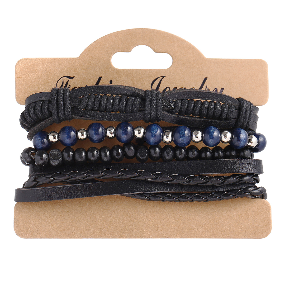 Blue Silver Beaded Black Men's Leather Bracelet 4 Pack Creative Retro Bracelet Wholesale Nihaojewelry display picture 1