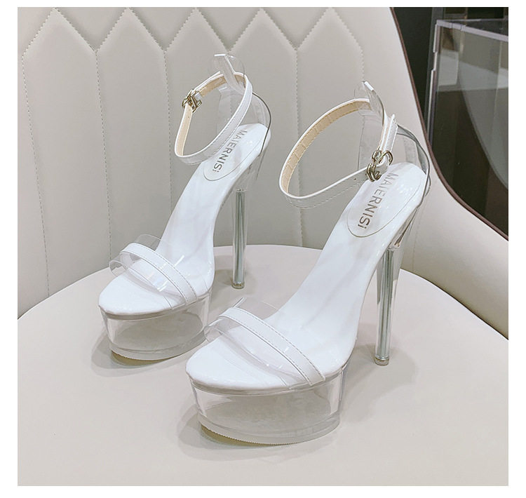 Dép sandal nữ gót nhọn pha lê trong suốt, đế cao 11 cm, quai móc cài — Màu bạc, Màu trắng, Màu đen chi tiết 28