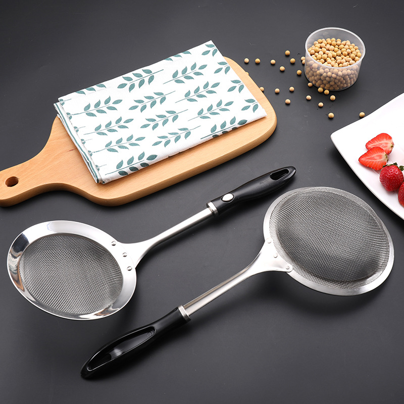 Direct Sale304 Stainless Steel Mesh Drain Kitchen Oil Filter Noodle Strainer Black Injection Handle Powder Strainer Colander