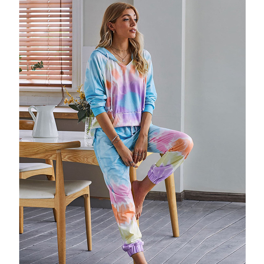 tie-dye printing pullover long-sleeved T-shirt women s loose gradient color trousers two-piece set NSYF854