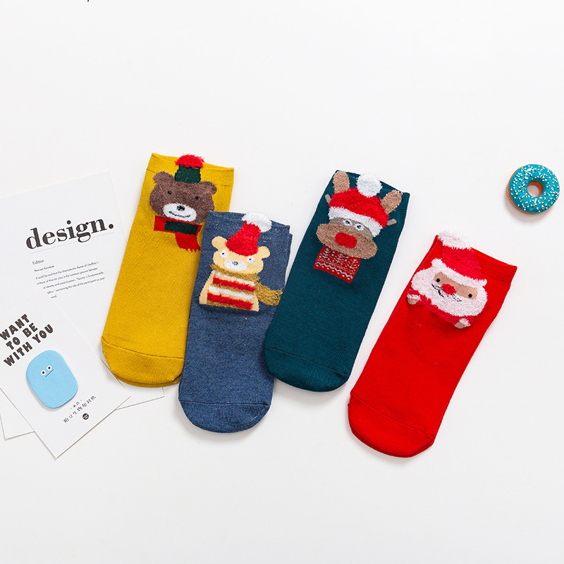 Calcetines de otoño e invierno para mujer, calcetines de algodón, calcetines navideños con dibujos animados, calcetines cortos navideños de estilo japonés con dibujos animados en 3D