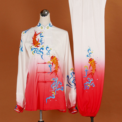 Tai chi clothing chinese kung fu uniforms Red and white transition Taifu training dress female embroidered Koi individual competition performance costume Pisces