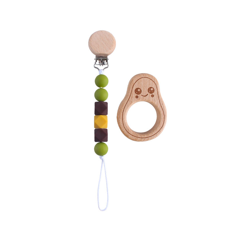 Nuevo aguacate de dibujos animados juguete de haya teether palo pezón cadena anti-gota cadena
