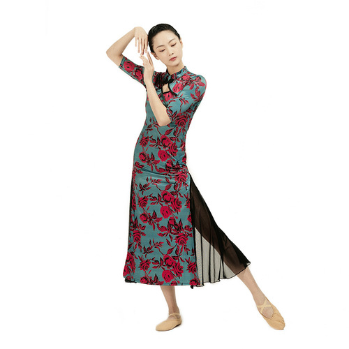 Mesh-improved qipao Hanfu classical dance practice dress for women, Eastern dance printed qipao classical dance practice dress for women skirt