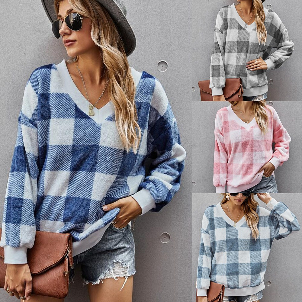 fashion flannel v-neck plaid top NSDY7347