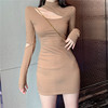Round neck cut out chest slim fit solid color buttock skirt with bottom skirt long sleeve dress