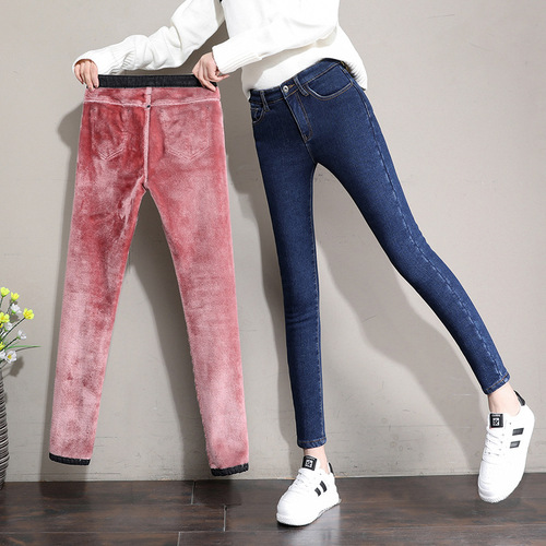 Velvet jeans for women 2022 new Korean version slimming high-waisted tight-fitting pants thickened nine-point velvet trousers winter