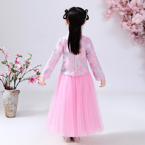 Children Hanfu girls qipao dresses long sleeve pink girls Qipao guzheng cheongsam performance dress