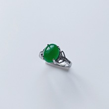 欧美个性白金色戒指韩版时尚气质开口戒指复古简约祖母绿宝石戒指