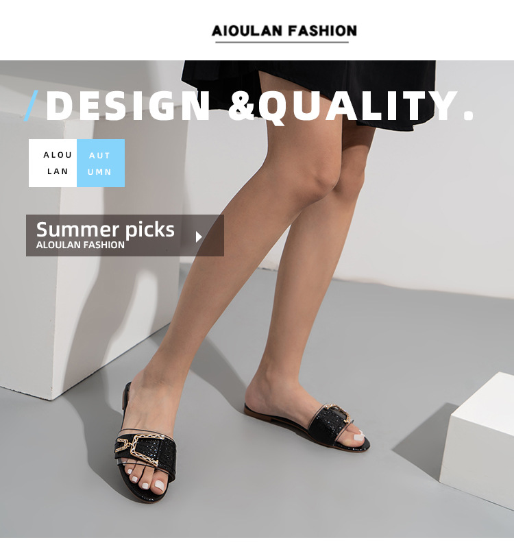 Cfxxy Cross Border Stone Pattern Flat Women S Sandales Pantoufles Mode Strass Boucle De Ceinture_voghion.com