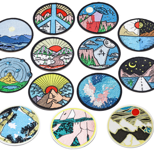 Hot selling landscape circular embroidery badge cloth patch cross-border specializes in high-end clothing accessories DIY adhesive patch patch