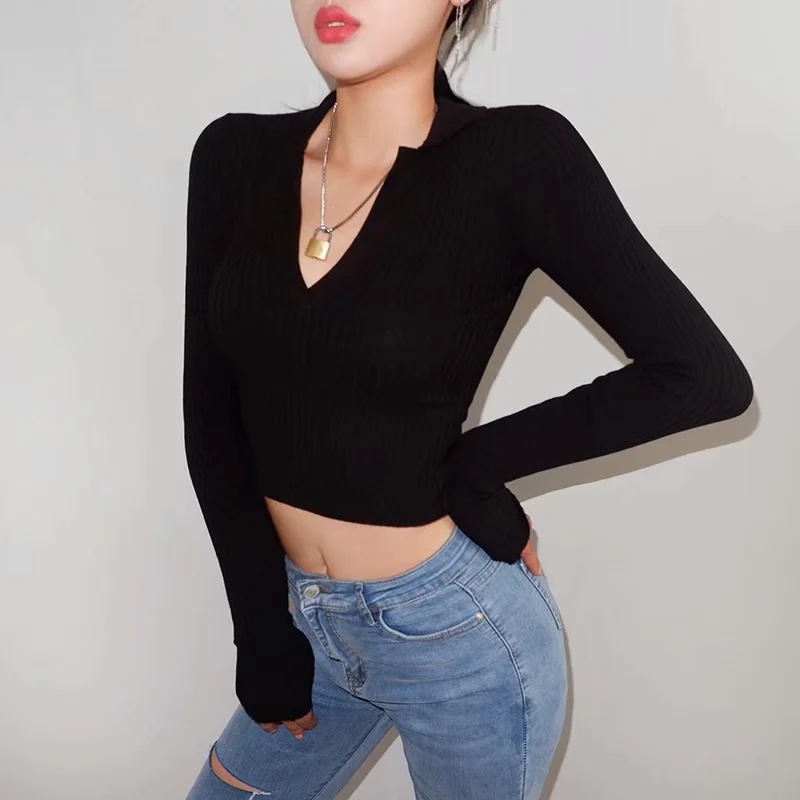 Long-Sleeved Slim V-Neck Short Solid Color Sweater NSZQW115383