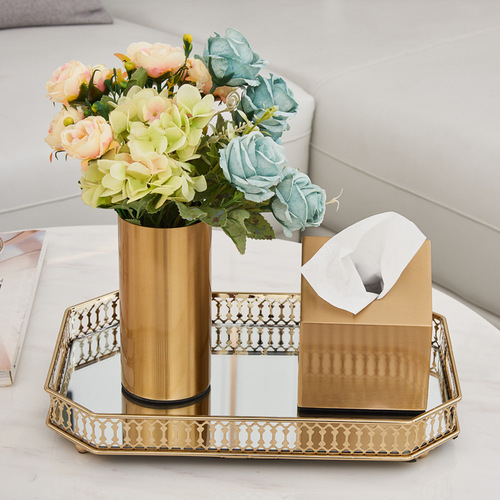 European-style cylindrical metal-plated vase decoration living room model room gold ironwork flower holder light luxury soft decorative item