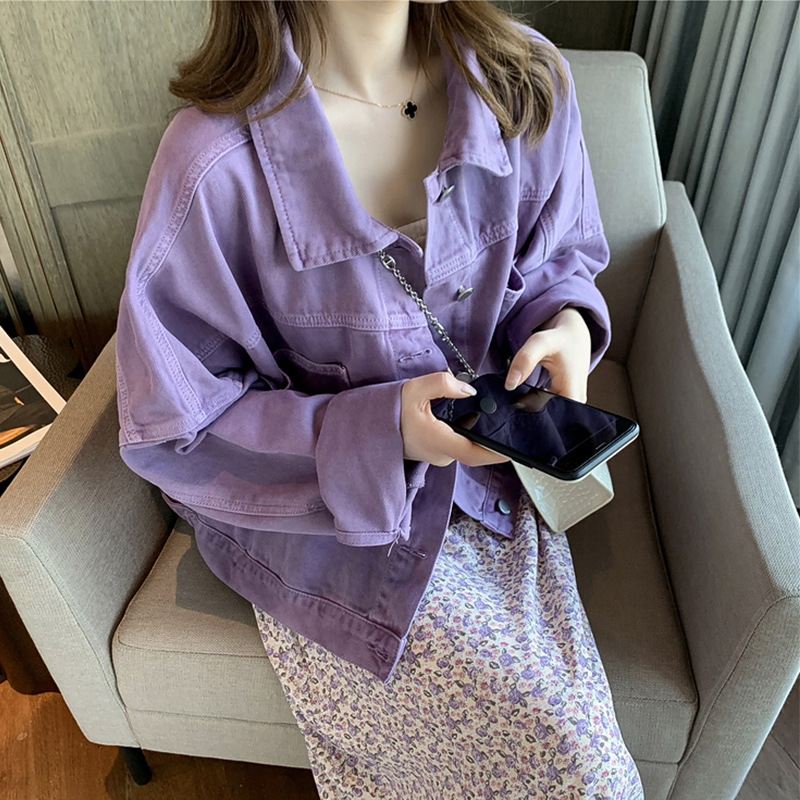欧洲站货小个子宽松显瘦紫色牛仔短外套女2020春秋韩版休闲上衣服