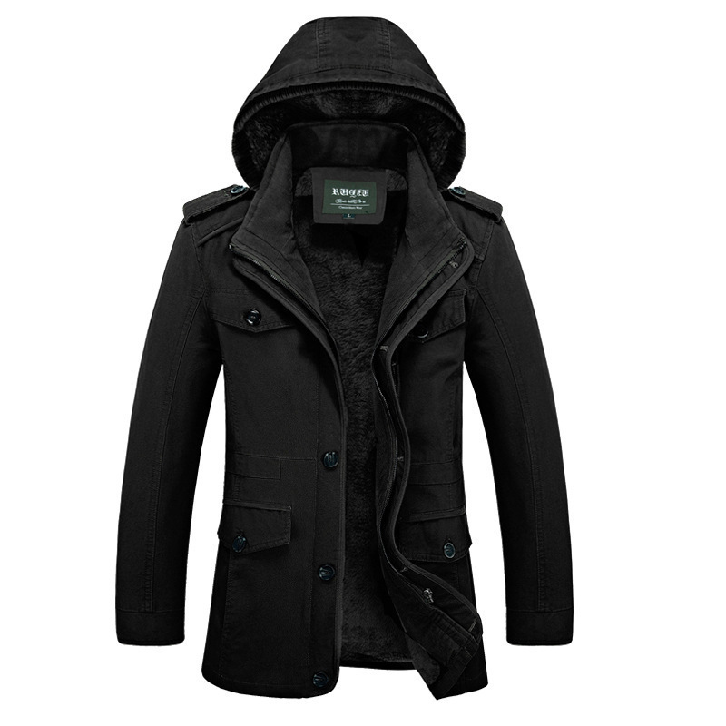 厂家直销外贸新款男士外套加绒加厚宽松中长款纯棉男装连帽风衣男