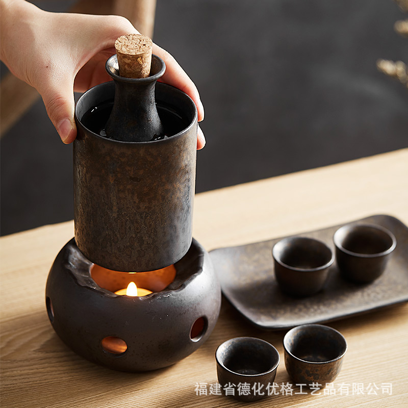 Japanese Sake Pot Set Household Rice Wine Hot Wine Warmer Pot Ceramic Wine Warmer Wine Cup Sake Set Retro Style