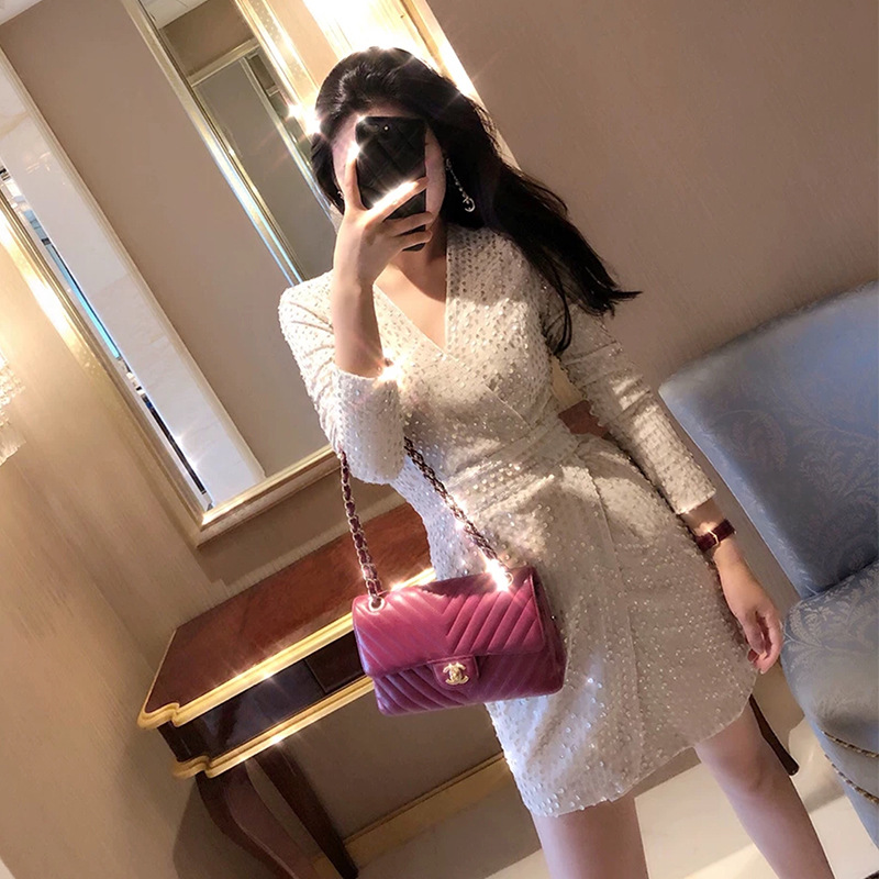 2021新款轻奢年终party约会丝绒Buling闪闪亮片修身连衣裙