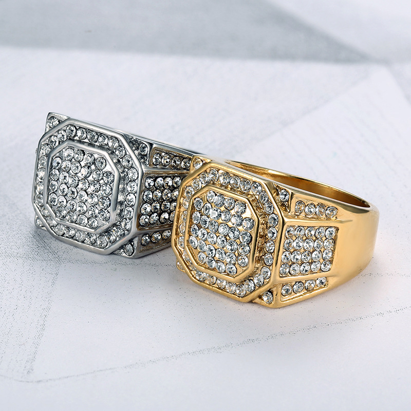 13, 7 Ring Size 1 Piece Quantity Holiday, Street Occasion Titanium Steel Material Geometric Pattern 1 Piece Hip-hop Geometric Titanium Steel Inlay Rhinestones Men's Rings