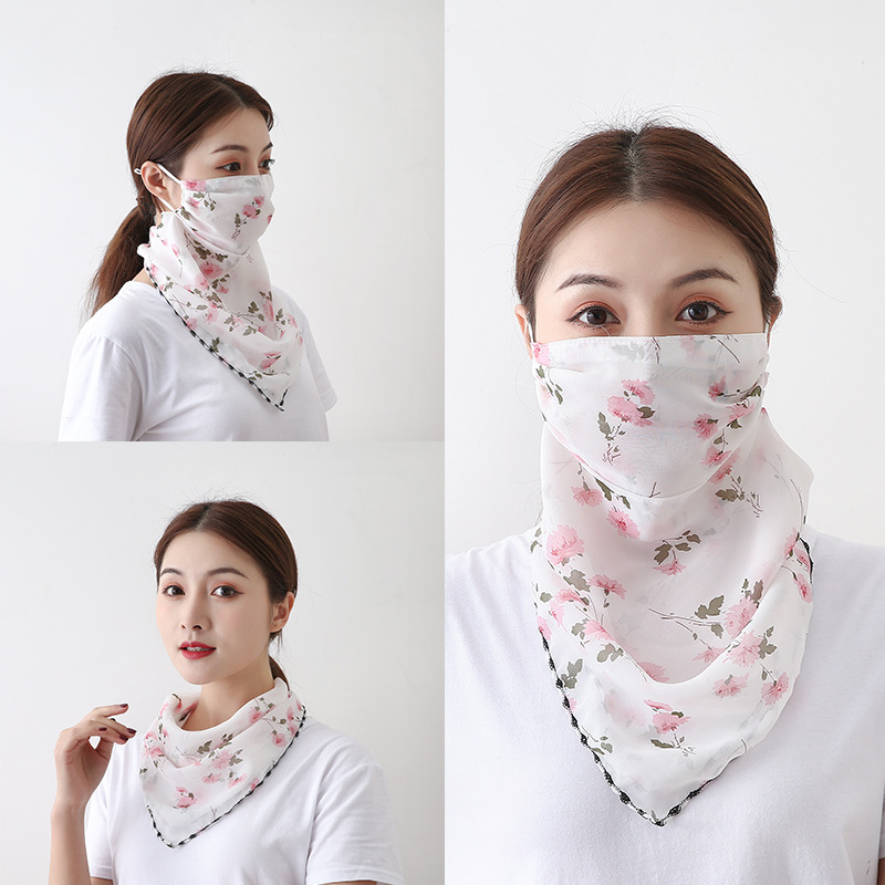 夏季印花防晒口罩雪纺纯色防尘面罩户外骑行防紫外线护颈薄丝巾女|ru
