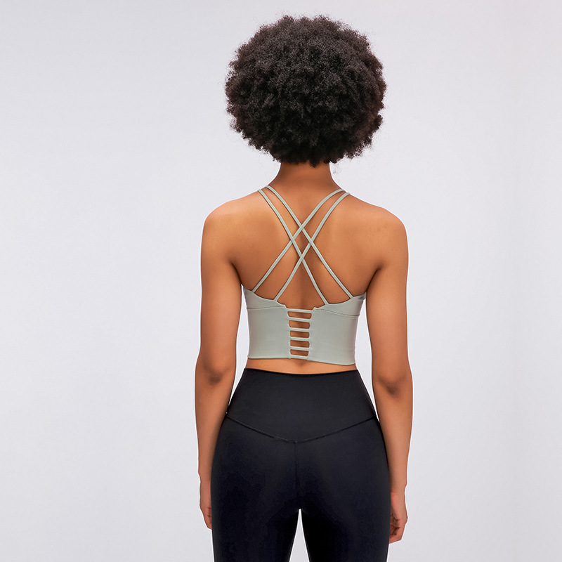 Solid color thin shoulder strap cross back sports underwear Yoga dress  women open back fitness bra small sling