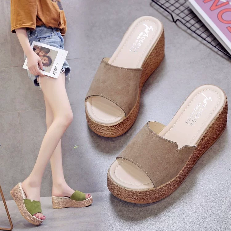 Тапочки, женские летние модные наряд, непромокаемые сандалии на танкетке в Корейском стиле, тапочки на толстой подошве на высоком каблуке