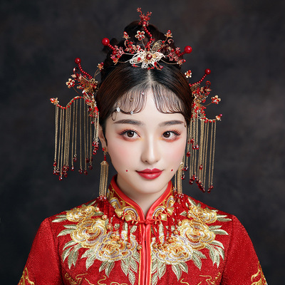 2020秀禾服新娘頭飾新款紅色中式古裝鳳冠大氣結婚發飾套裝配飾品