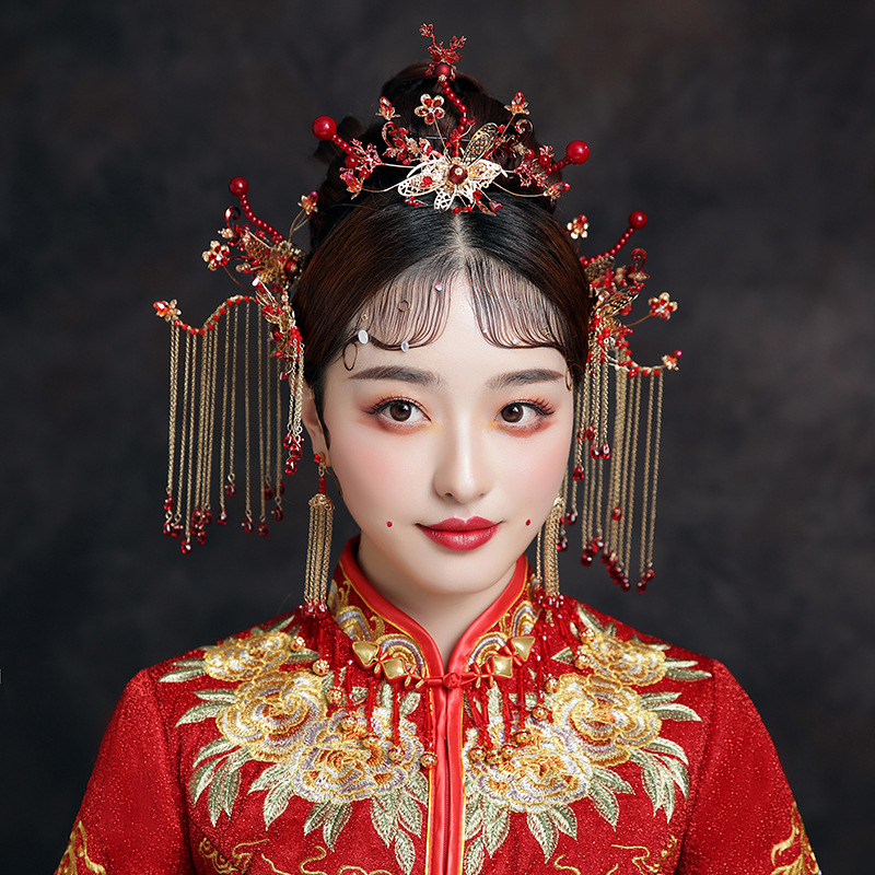 2020秀禾服新娘頭飾新款紅色中式古裝鳳冠大氣結婚發飾套裝配飾品