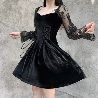 Lace black velvet lolita dress for women stitching square neck long-sleeved dress Lolita lace-up dress