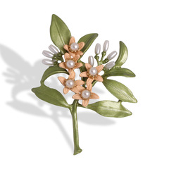 歐美復古橙花樹葉胸針滴油別針珍珠綠色花朵胸針烤漆胸花brooch