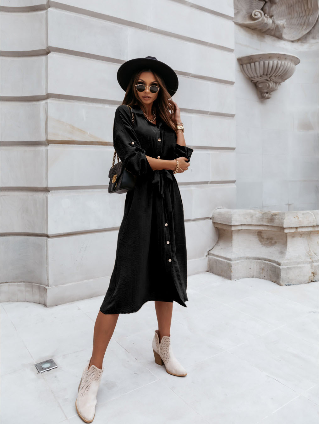 fall/winter hot style solid color collar and sleeves buttoned waist belt shirt dress  NSYD6379