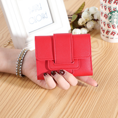 Factory direct sales new Korean version short solid color drawstring three-fold women's wallet simple multi-card slot coin purse wallet