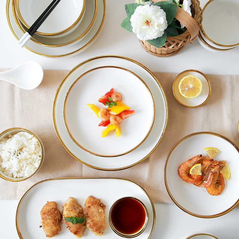 Ceramic Tableware Set, Light Luxury Pearl White with Gold Rim, Multiple Sizes