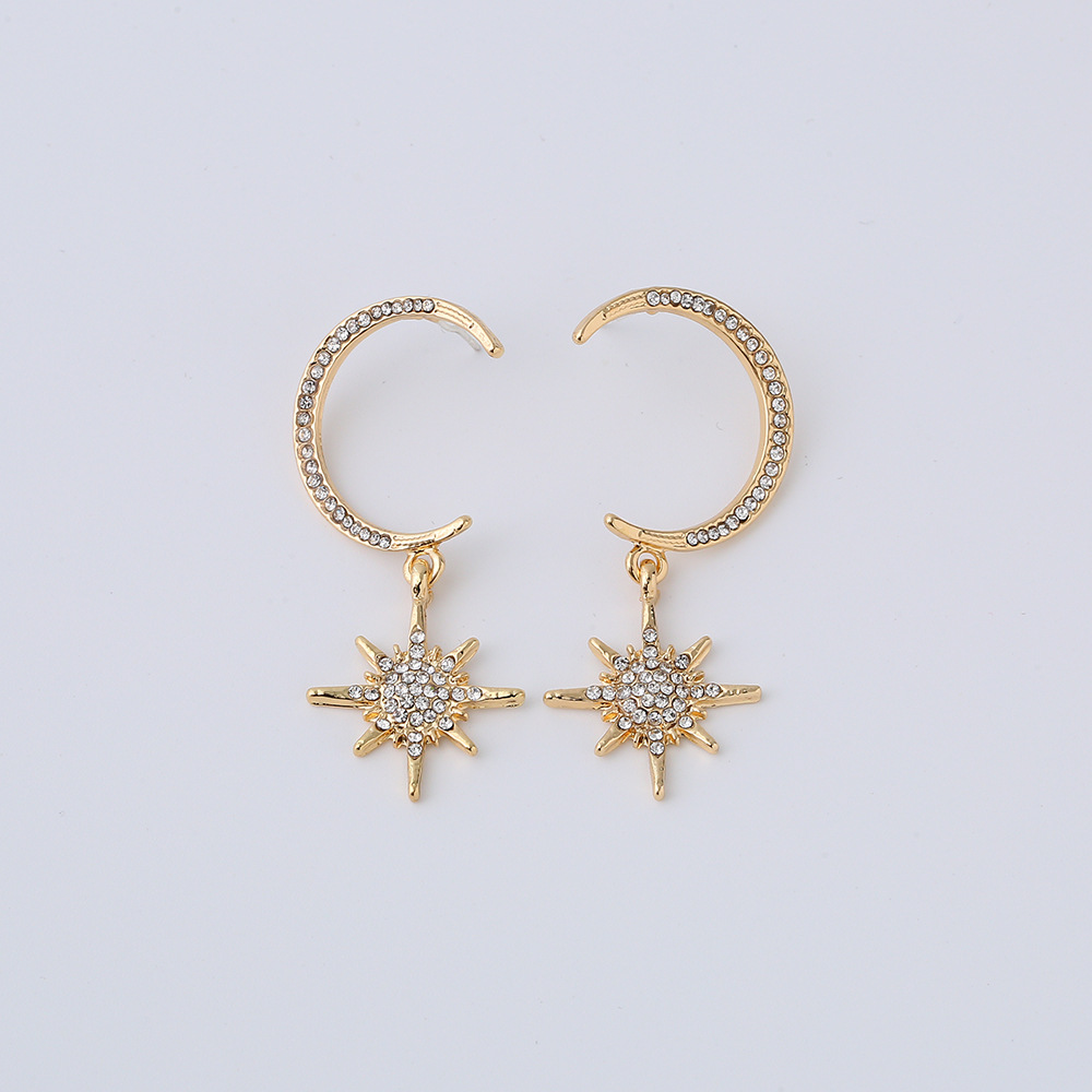 Fashion Simple Diamond Eight-pointed Star Moon Earrings Alloy Earrring Crescent Star Earrings S925 Silver Needle Earrings Nihaojewelry display picture 9