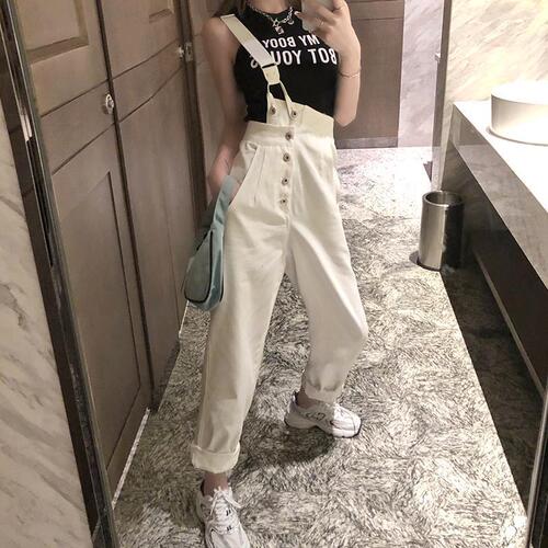 Korean style high waist denim overalls for women 2024 new loose pants trendy ins internet celebrity fashion versatile casual pants