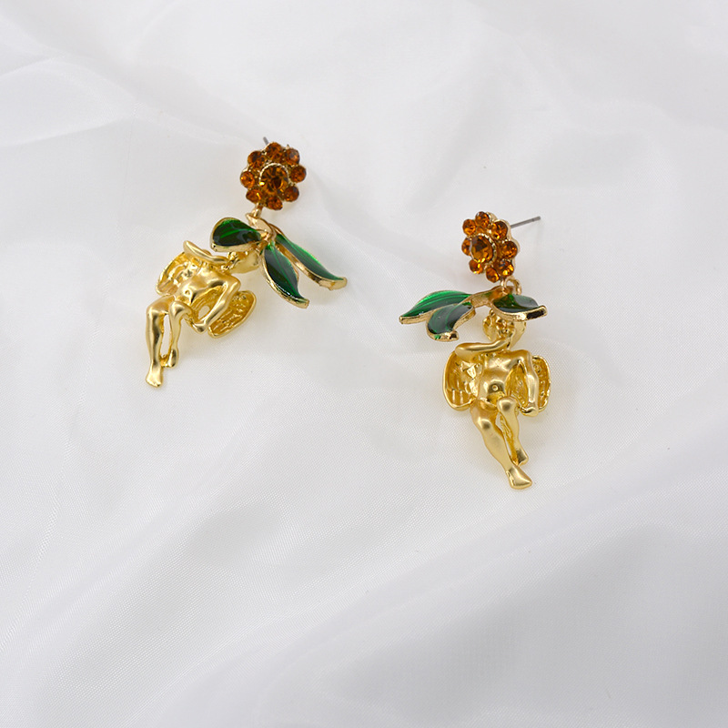 Cartoon Character Pattern Women'S Gender Plating Design Cupid Leaf Fun Retro Baroque Little Angel Retro Vintage Earrings Wholesale