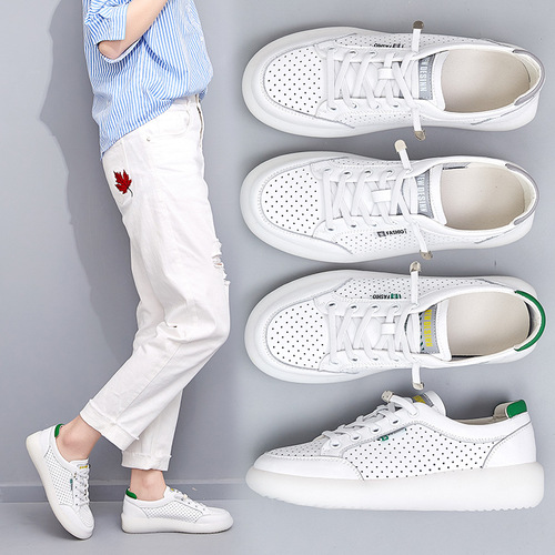 Genuine leather white shoes for women in summer, hollow, breathable, comfortable, soft-soled lazy shoes, one-leg pure leather casual and versatile shoes