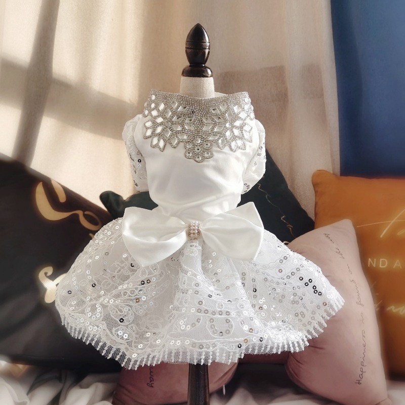 White Wedding Dress for dog cat flower dog paillette tutu skirt evening birthday party dresses formal clothes for dog pet dress tutu skirt