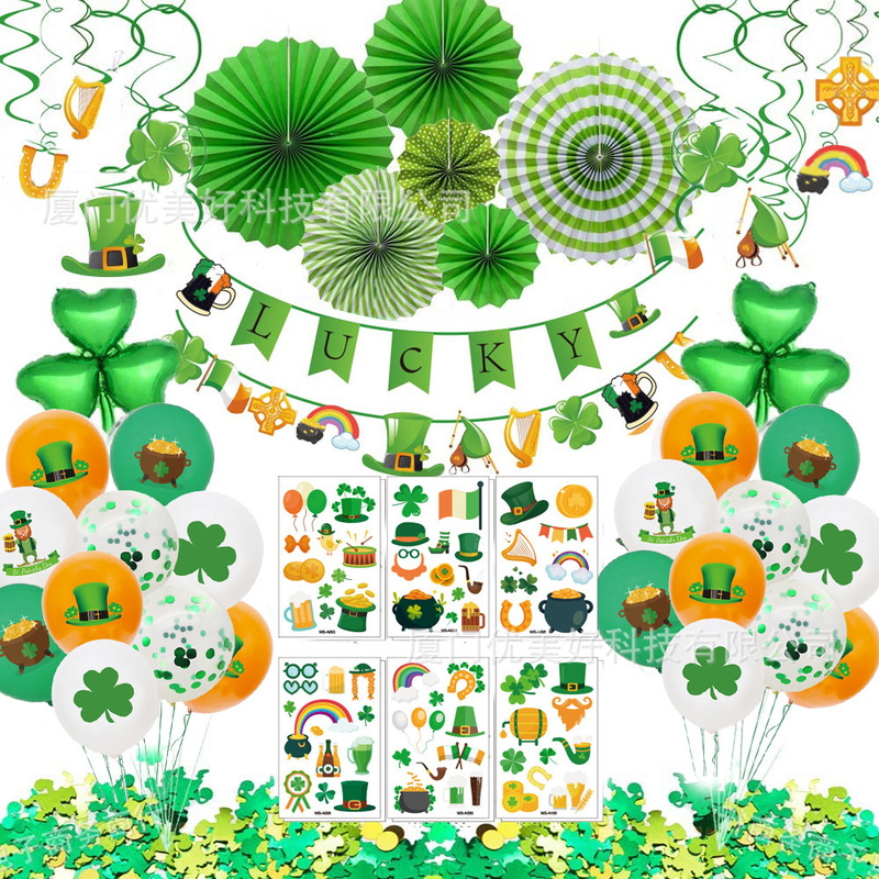 St Patrick's Day theme party decoration Irish national day layout green paper fan balloon tattoo stickers St Patrick's Day theme party decoration Irish national day layout green paper fan balloon tattoo stickers