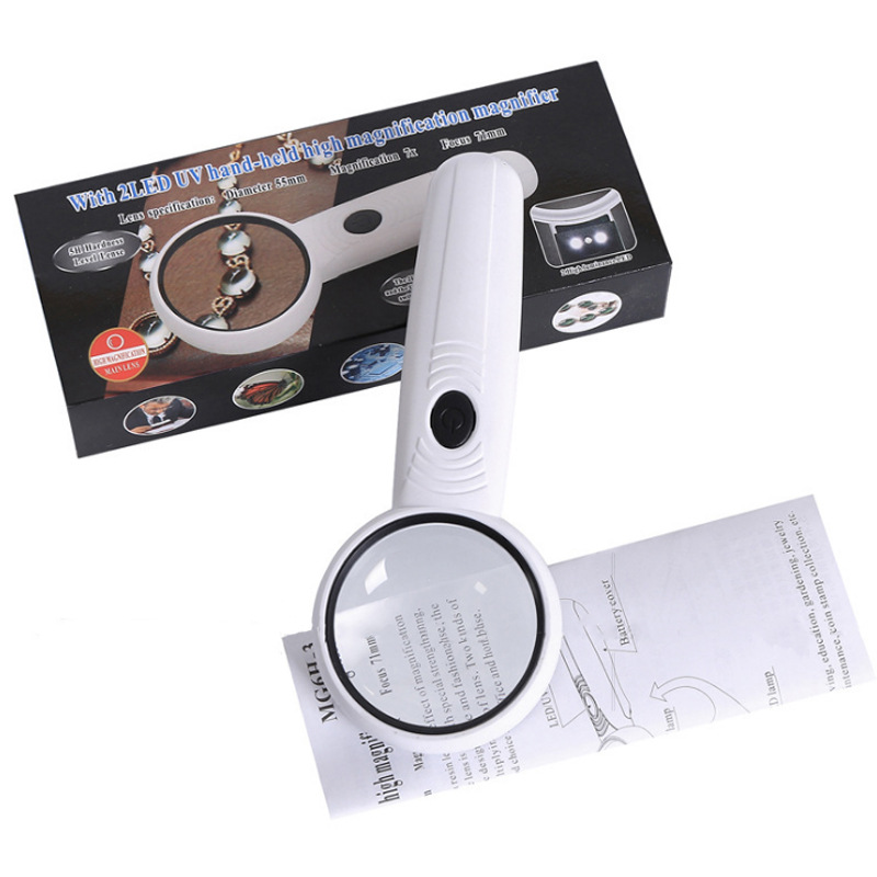 6H-5新款手持式带LED灯紫光验钞灯75mm镜面5倍高清亚克力放大镜