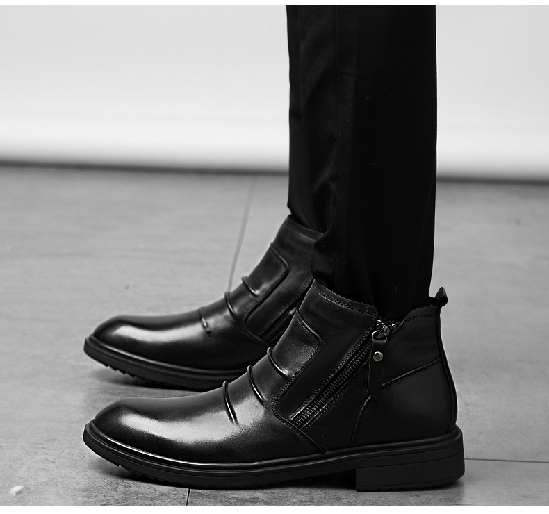 Mittelhohe Lederschuhe, lässige kurze Stiefel, Lederstiefel mit seitlichem Reißverschluss, warme Schneestiefel_voghion.com