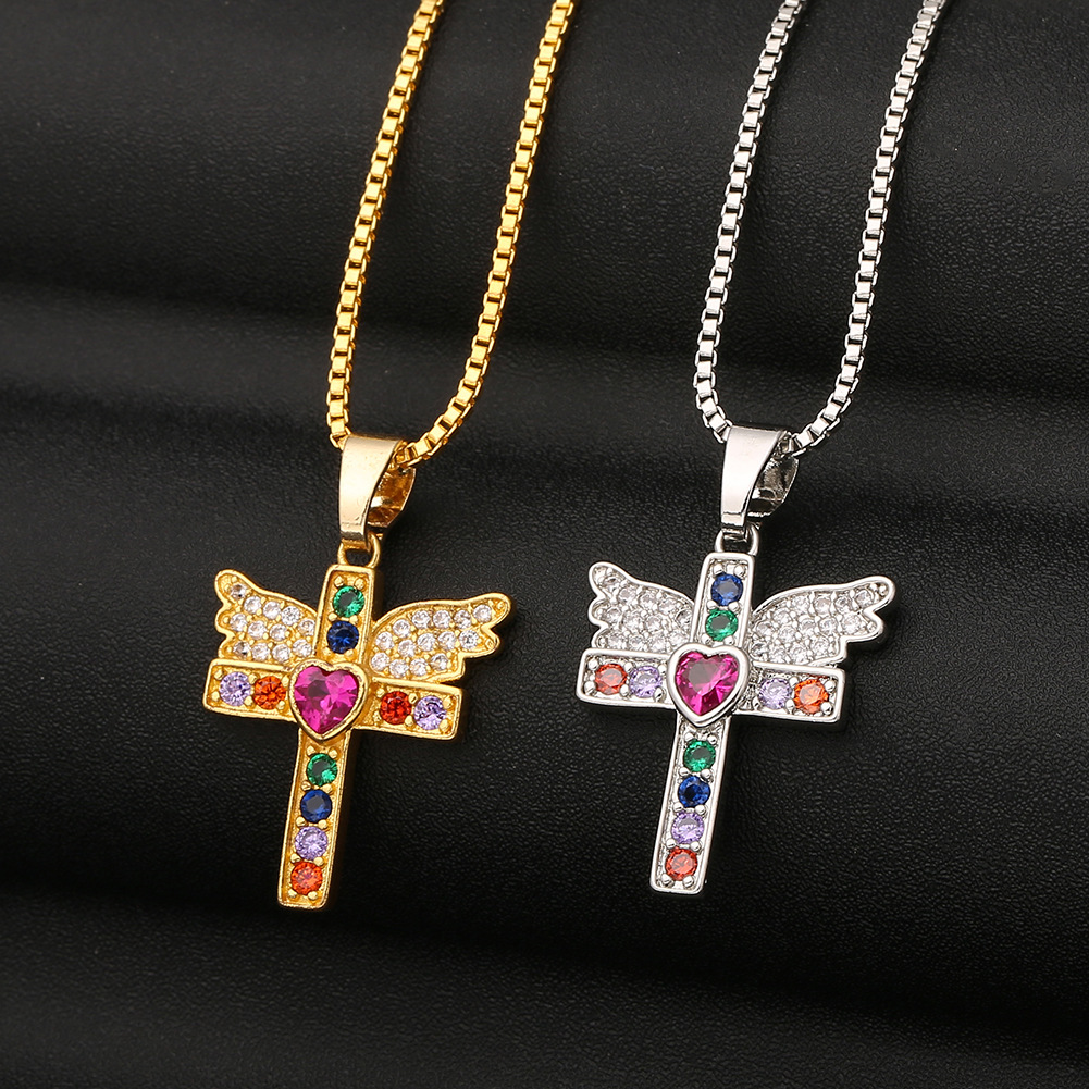 Fashion Cross Angel Wings Copper Inlaid Zircon Necklace Wholesale display picture 3