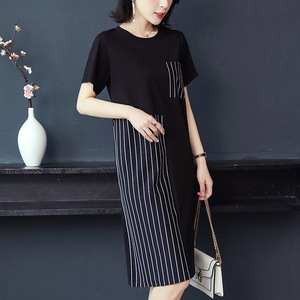 Summer mid long T-shirt women’s short sleeve loose show thin over knee T-shirt skirt large size belly covered vertical