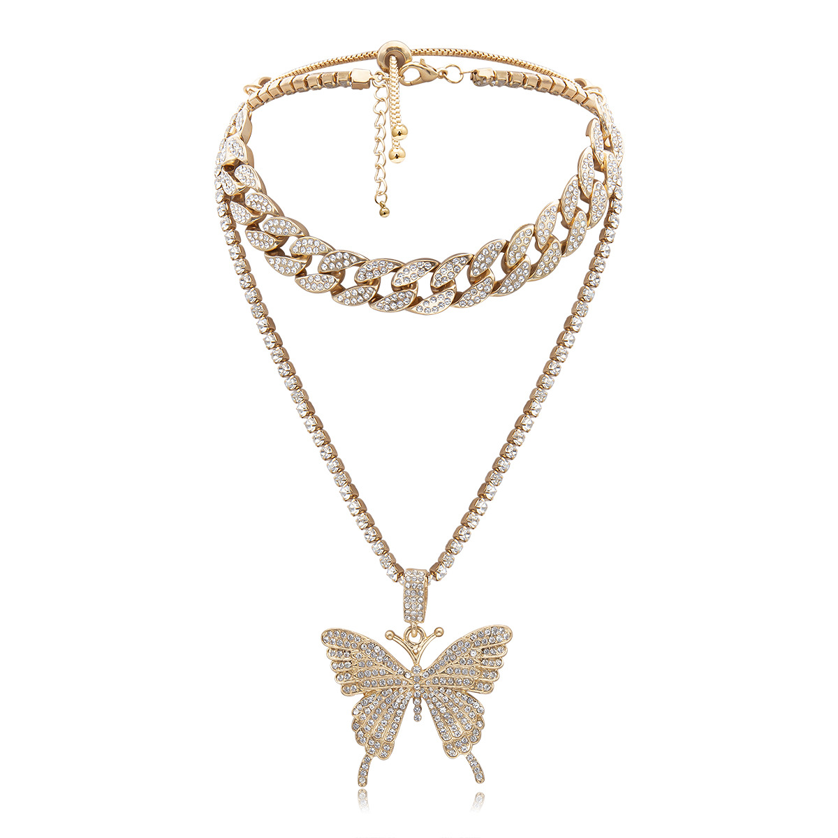 Fashion Jewelry Exaggerated Micro-set Rhinestone Geometric Necklace Retro Suit Cuban Chain Large Butterfly Necklace Wholesale Nihaojewelry display picture 10