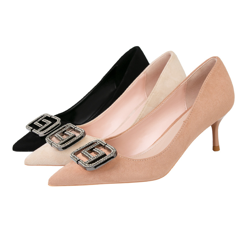 121-4 han edition fashion footwear pointed fine with pure color high heels show thin sheet metal buckles diamond sexy female shoes