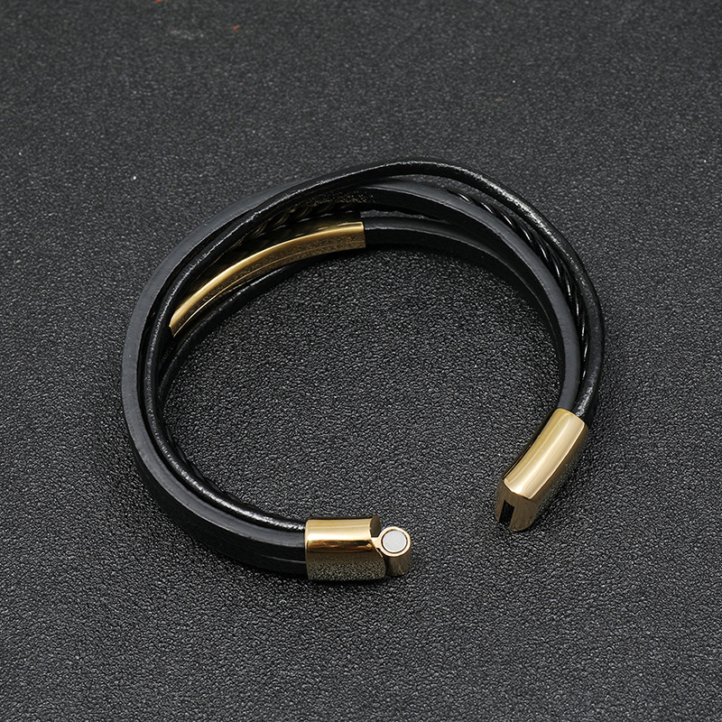 simple stainless steel hip-hop leather bracelet